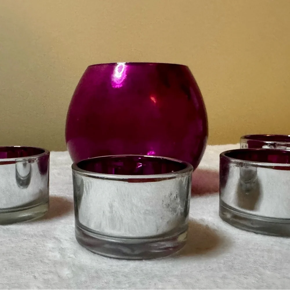 Crate & Barrel Pink and Silver Candle Holder Set
